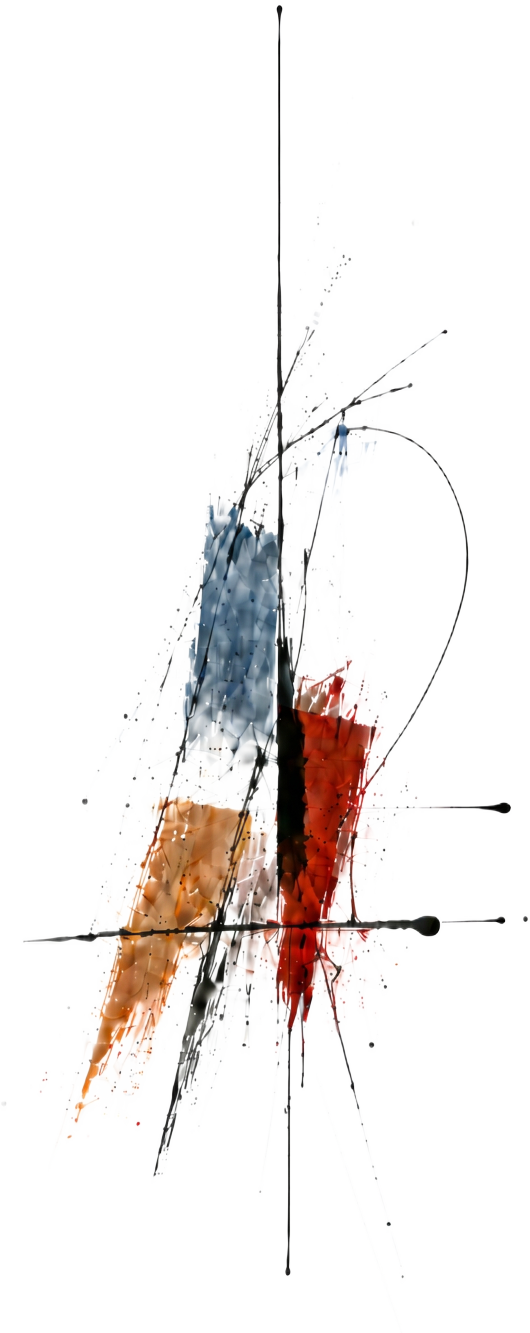 Abstract linear artwork in blue, orange, red, and black